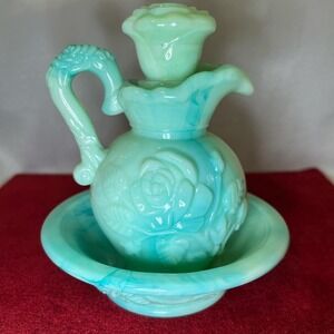 Vintage Avon Jadeite Type Green Swirl Milk Glass Rose Mini Bowl & Pitcher Set